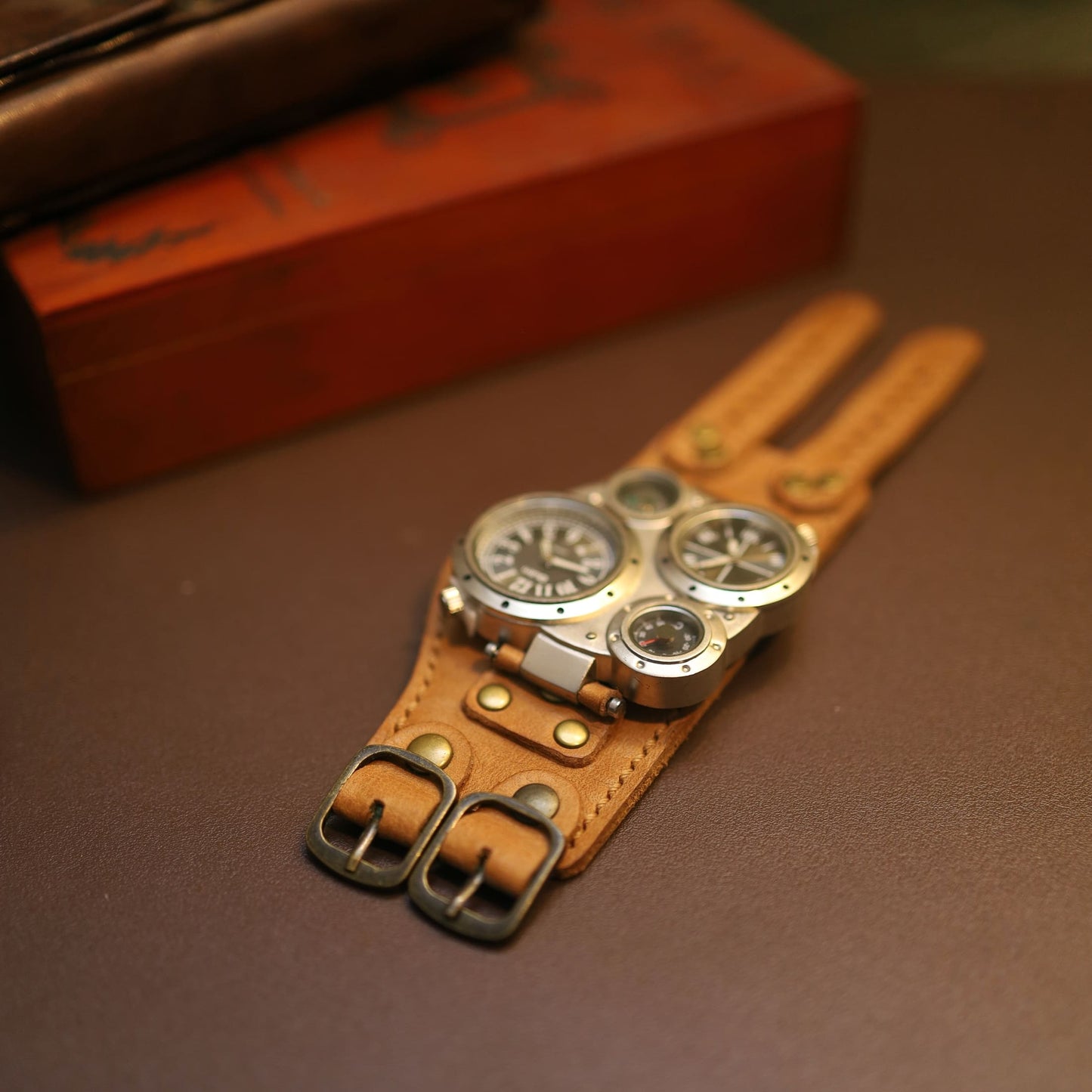 "Navigator" Steampunk Multi-Dial Watch - Custom Handcrafted Leather Cuff