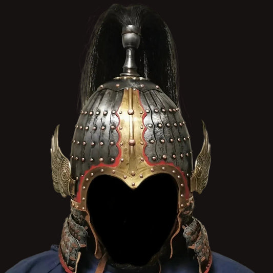 Tang Dynasty Style 32-Petal Phoenix-Wing Heavenly King Helmet - Hand-Forged Metal Sculpture
