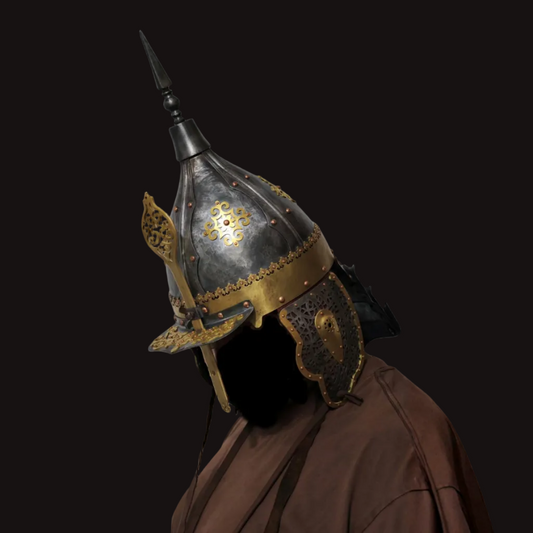 Kazakh-Style Brass Ornament Four-Panel High-Crest Helmet - Hand Cold-Forged Collector's Warrior Helmet
