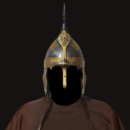 Kazakh-Style Brass Ornament Four-Panel High-Crest Helmet - Hand Cold-Forged Collector's Warrior Helmet
