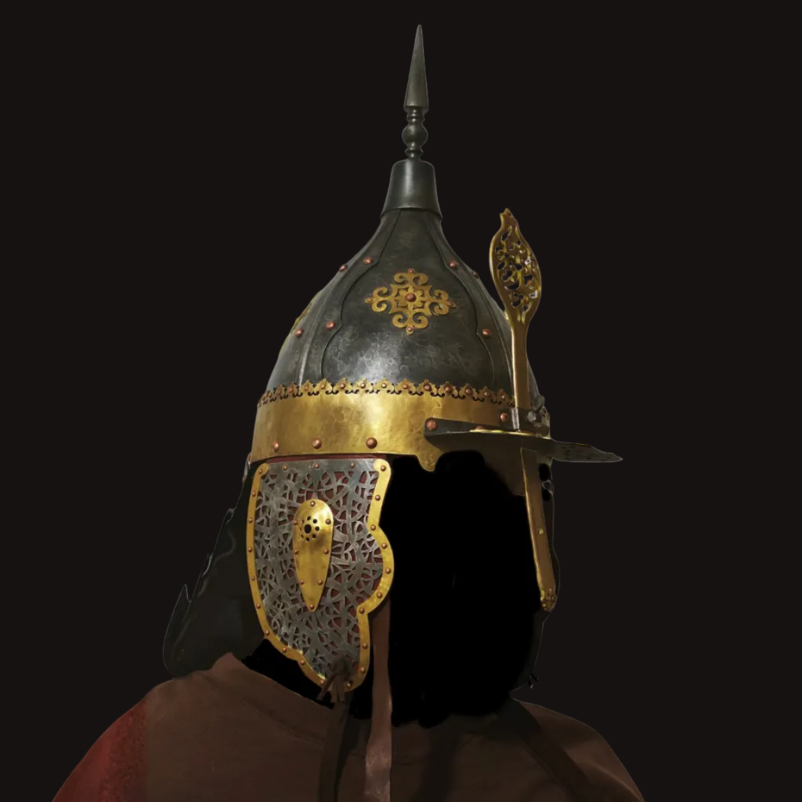 Kazakh-Style Brass Ornament Four-Panel High-Crest Helmet - Hand Cold-Forged Collector's Warrior Helmet
