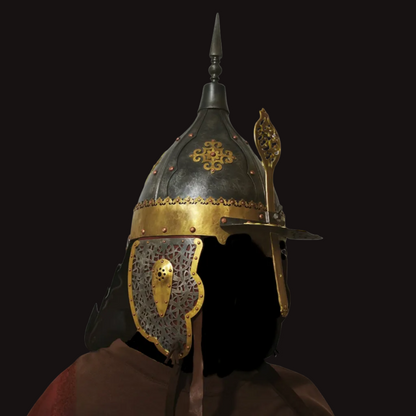 Kazakh-Style Brass Ornament Four-Panel High-Crest Helmet - Hand Cold-Forged Collector's Warrior Helmet
