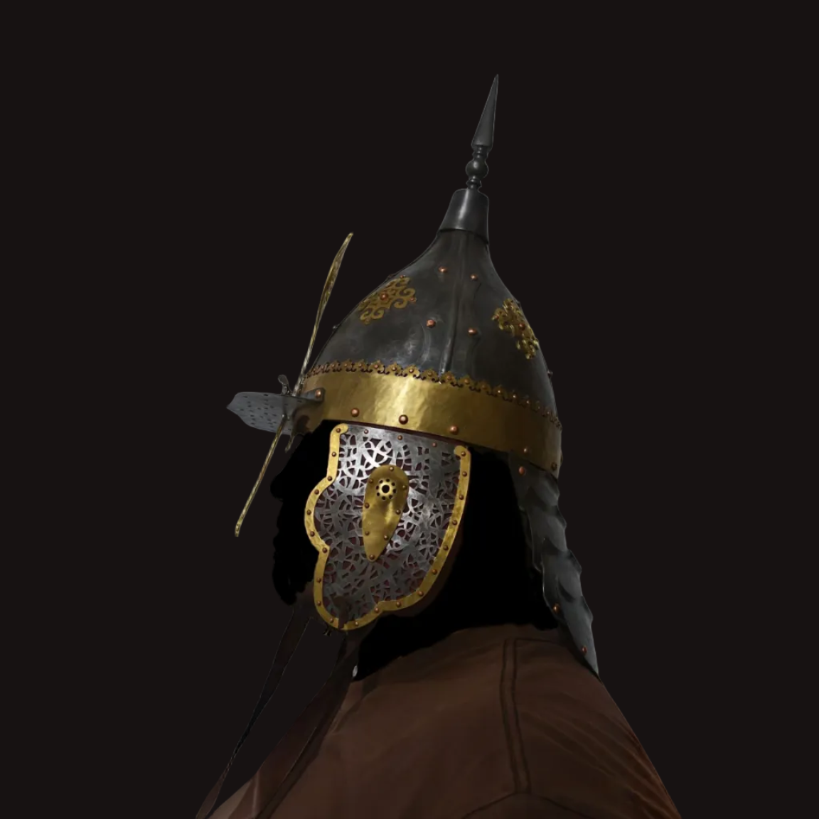 Kazakh-Style Brass Ornament Four-Panel High-Crest Helmet - Hand Cold-Forged Collector's Warrior Helmet
