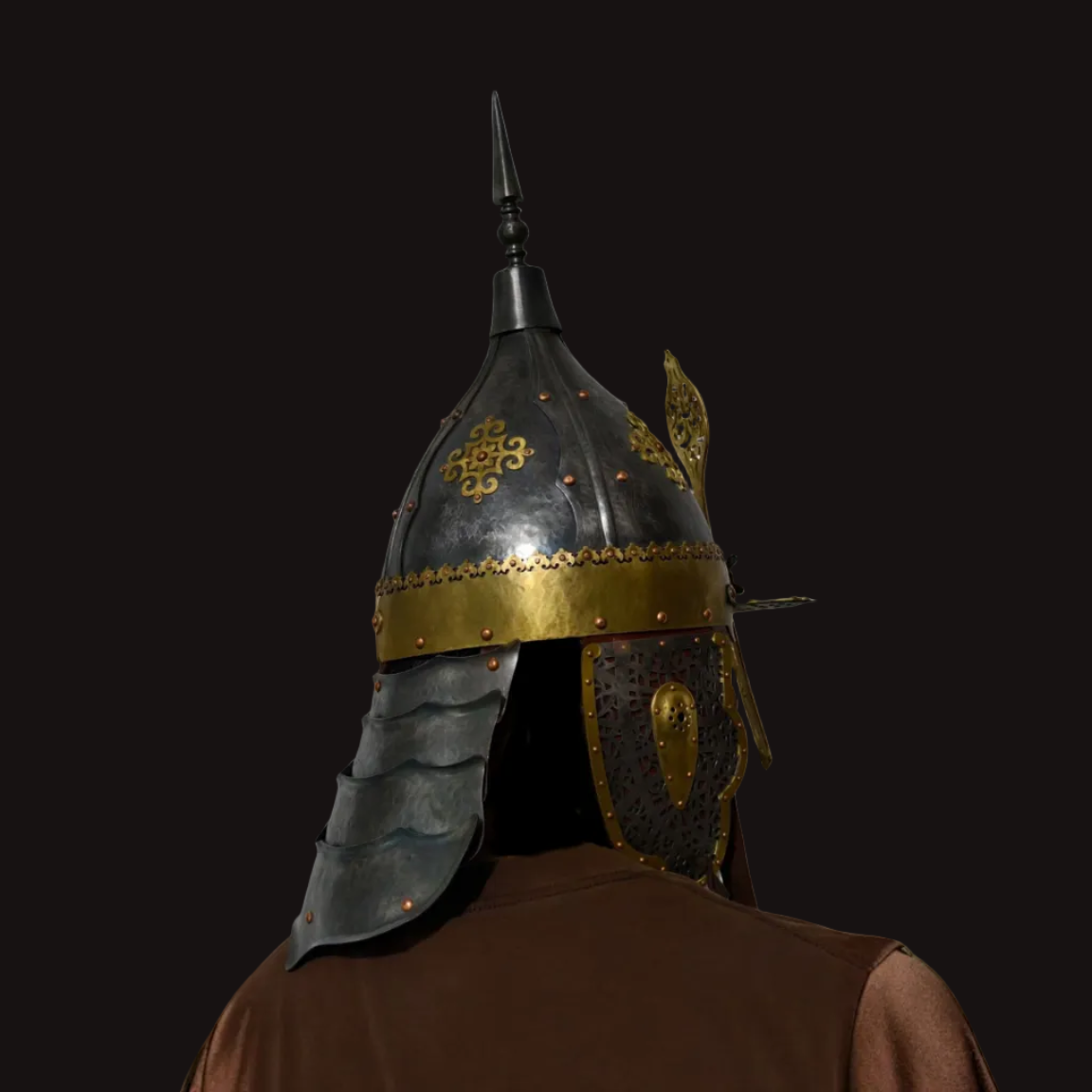 Kazakh-Style Brass Ornament Four-Panel High-Crest Helmet - Hand Cold-Forged Collector's Warrior Helmet
