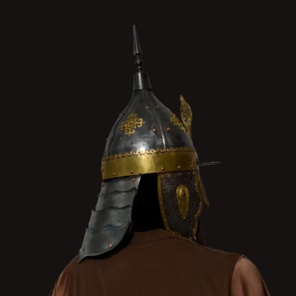 Kazakh-Style Brass Ornament Four-Panel High-Crest Helmet - Hand Cold-Forged Collector's Warrior Helmet
