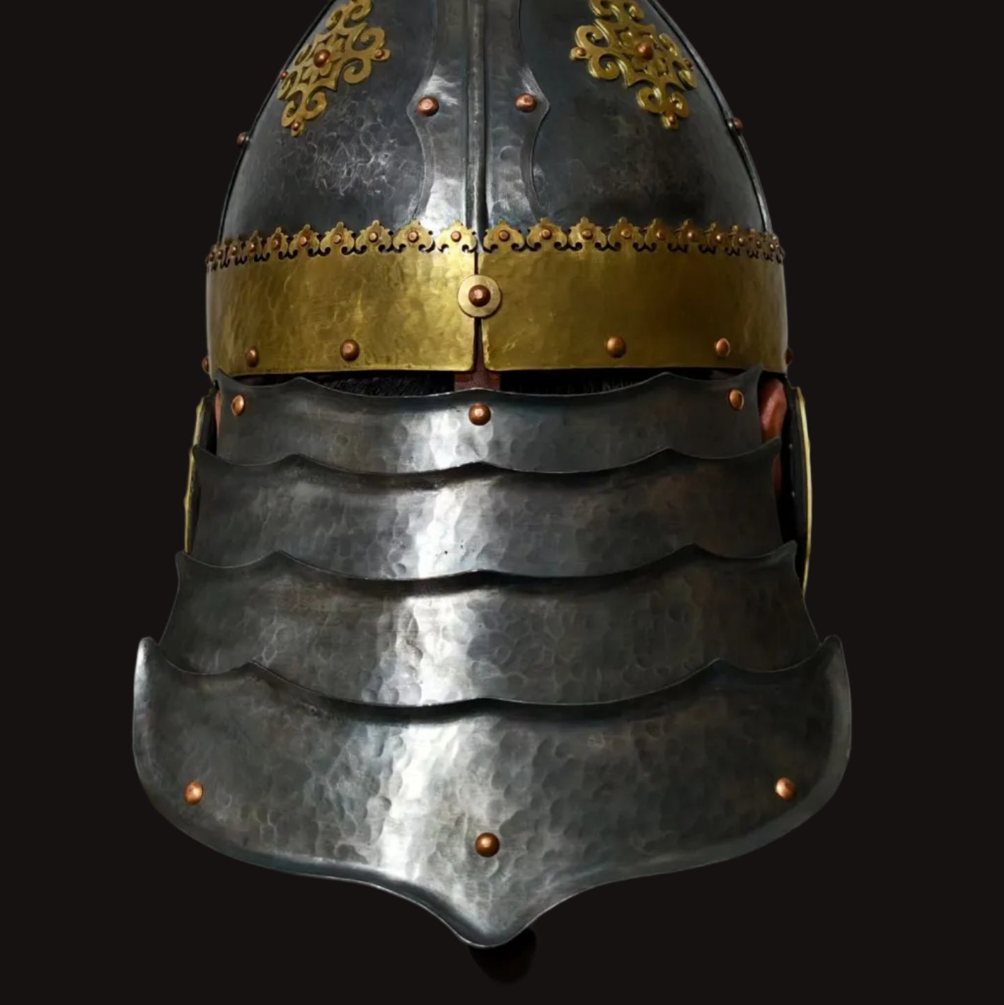 Kazakh-Style Brass Ornament Four-Panel High-Crest Helmet - Hand Cold-Forged Collector's Warrior Helmet
