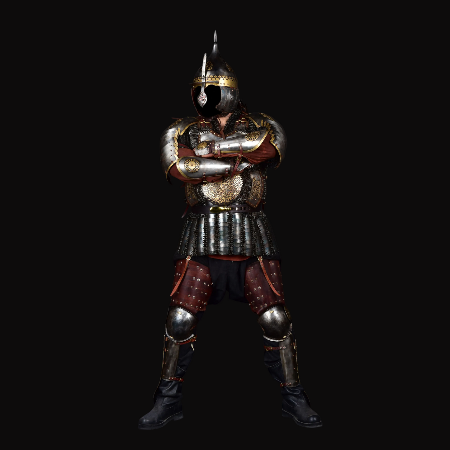 Kazakh-Style Brass-Carved Antler Motif Plate & Chainmail Armor Set