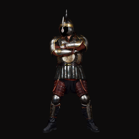 Kazakh-Style Brass-Carved Antler Motif Plate & Chainmail Armor Set