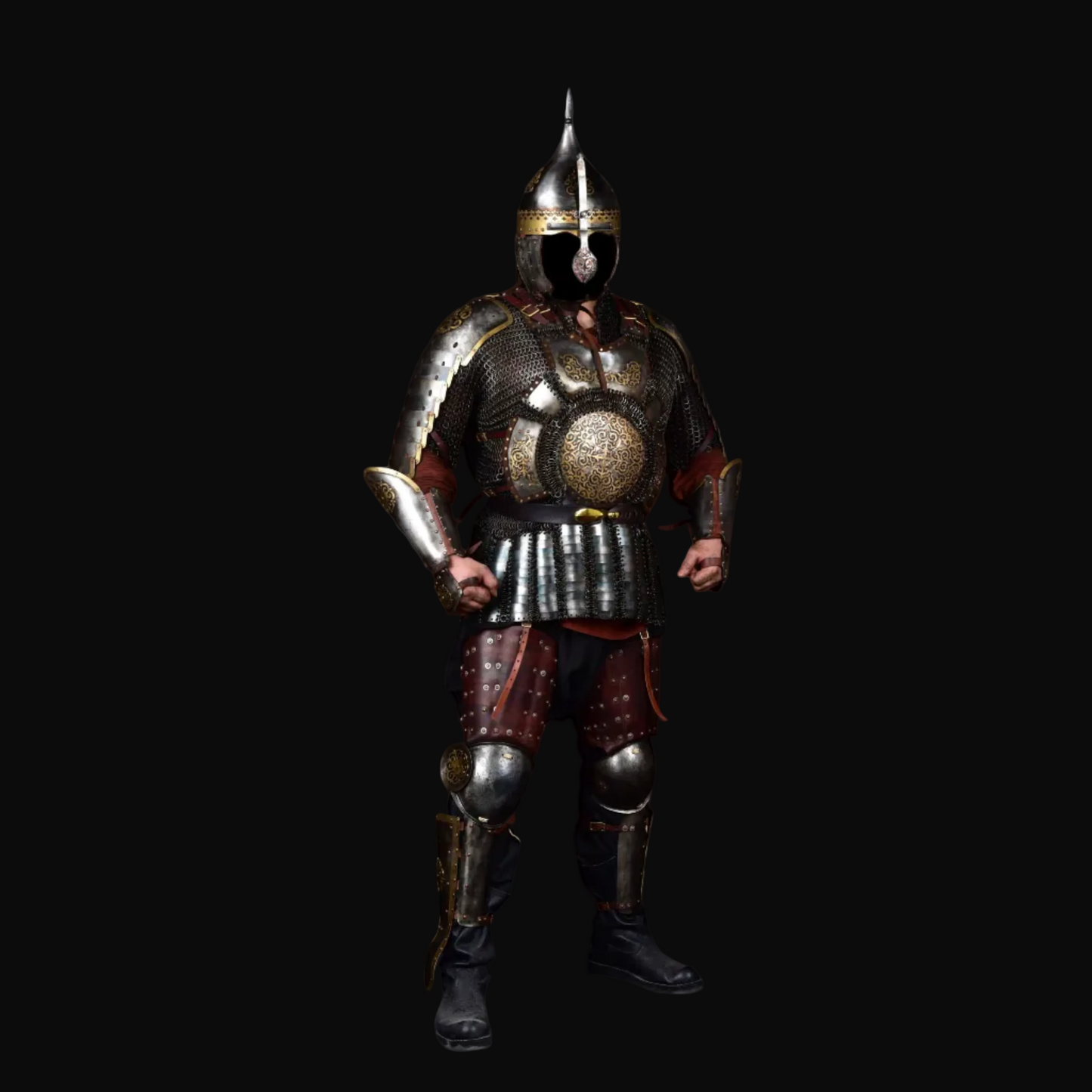 Kazakh-Style Brass-Carved Antler Motif Plate & Chainmail Armor Set