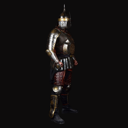 Kazakh-Style Brass-Carved Antler Motif Plate & Chainmail Armor Set