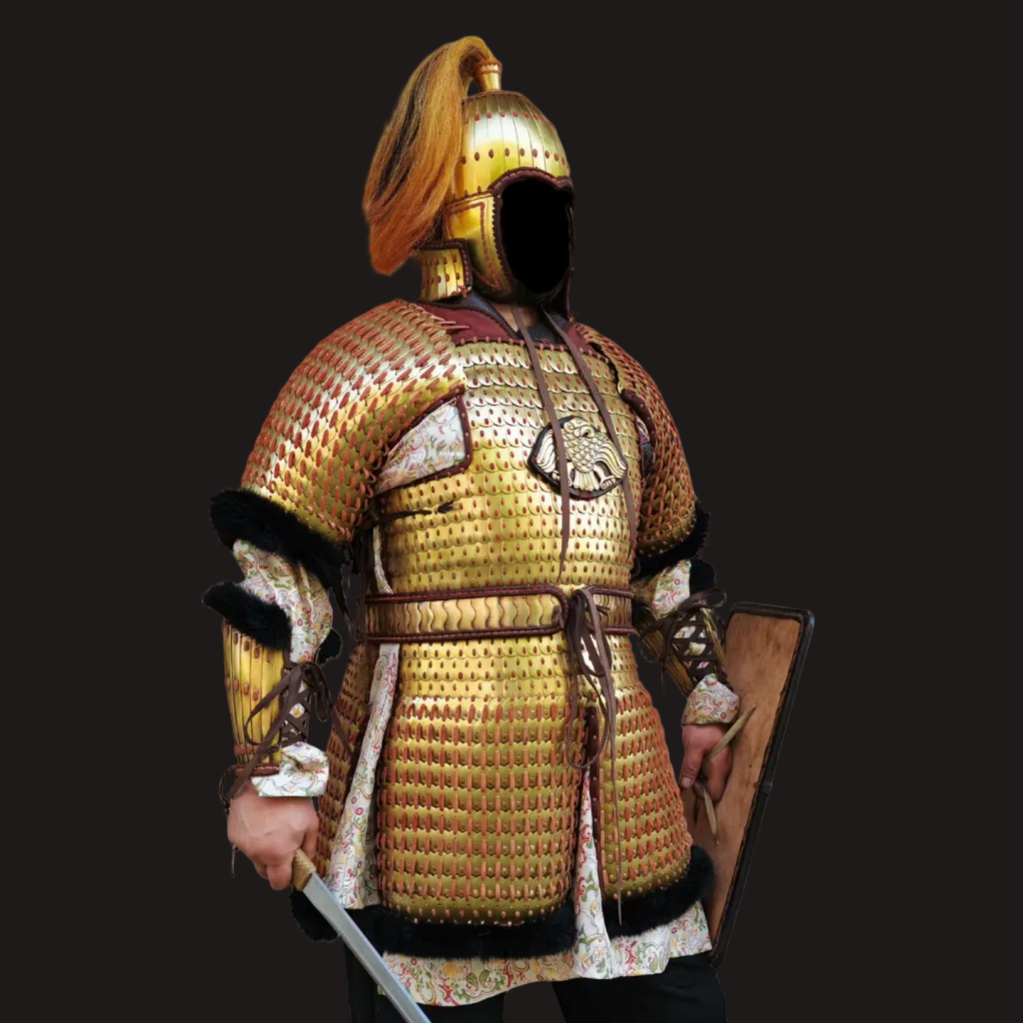Ancient Steppe Style Golden Scale Lamellar Armor Set with Beast Face - Hand-Laced Luxury Metal Sculpture

