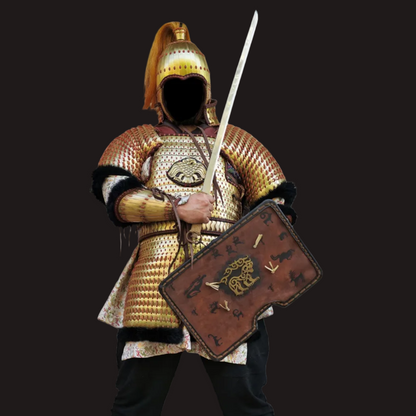 Ancient Steppe Style Golden Scale Lamellar Armor Set with Beast Face - Hand-Laced Luxury Metal Sculpture
