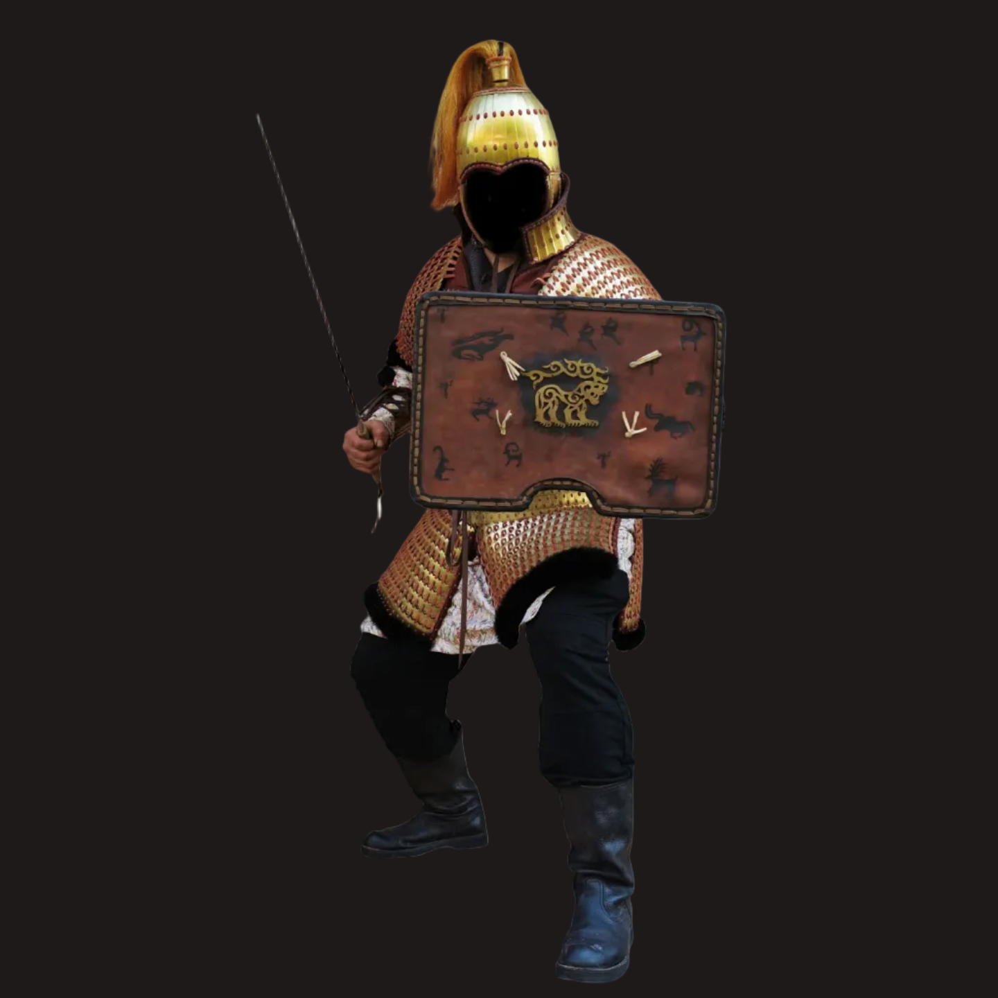 Ancient Steppe Style Golden Scale Lamellar Armor Set with Beast Face - Hand-Laced Luxury Metal Sculpture
