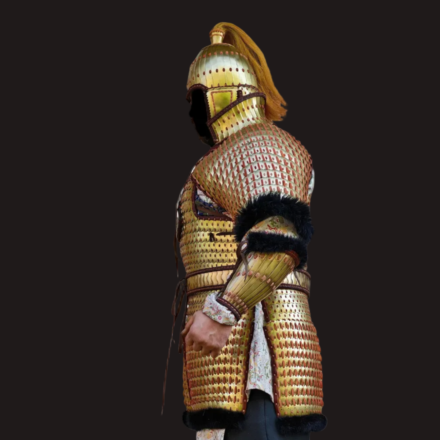 Ancient Steppe Style Golden Scale Lamellar Armor Set with Beast Face - Hand-Laced Luxury Metal Sculpture
