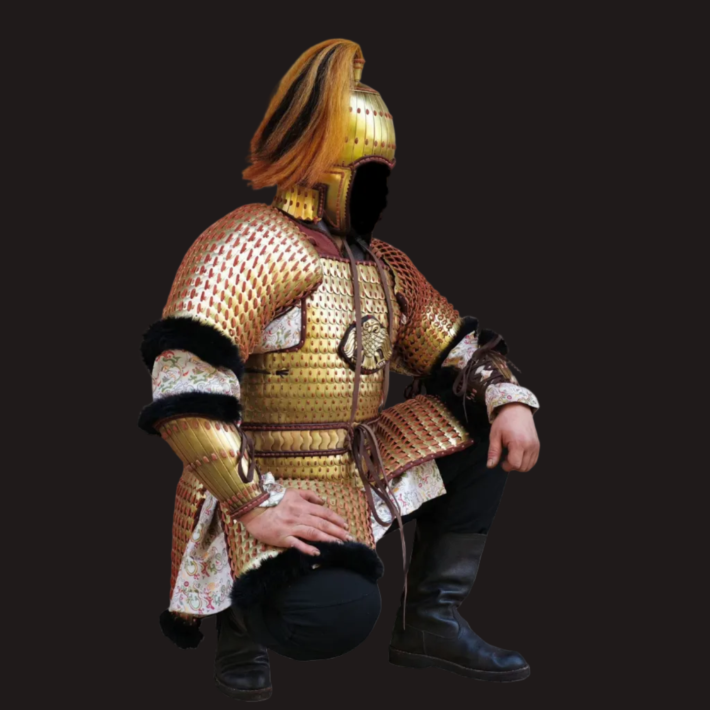 Ancient Steppe Style Golden Scale Lamellar Armor Set with Beast Face - Hand-Laced Luxury Metal Sculpture
