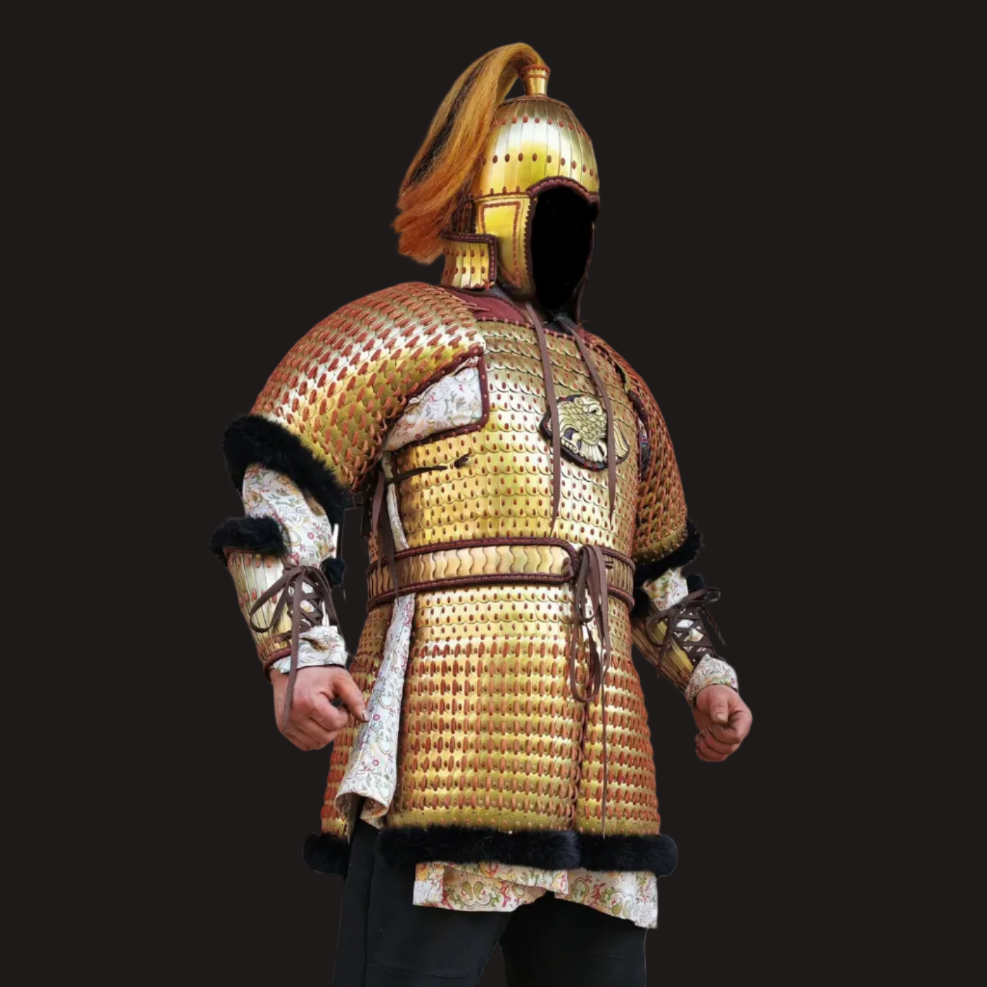 Ancient Steppe Style Golden Scale Lamellar Armor Set with Beast Face - Hand-Laced Luxury Metal Sculpture
