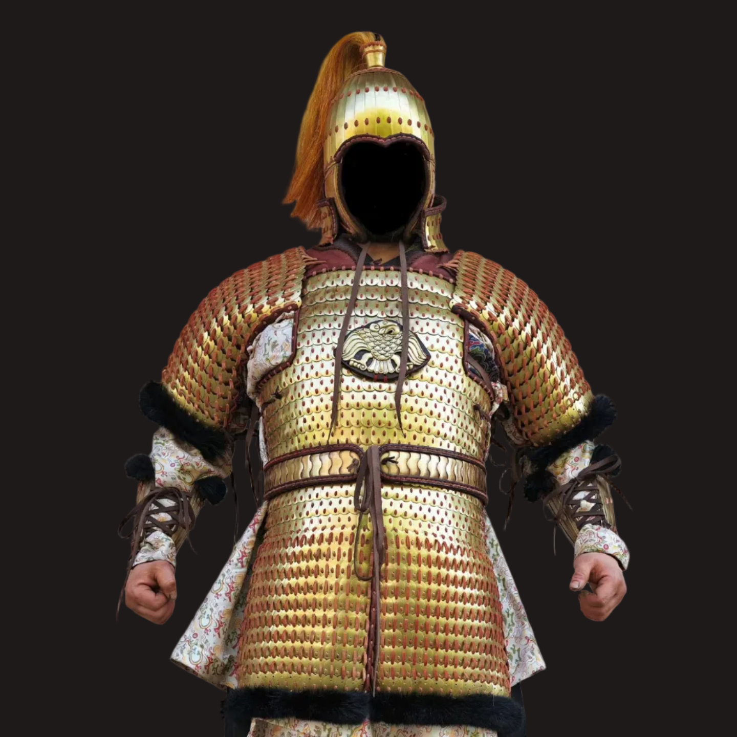 Ancient Steppe Style Golden Scale Lamellar Armor Set with Beast Face - Hand-Laced Luxury Metal Sculpture
