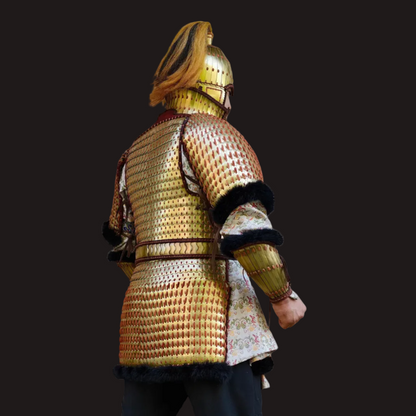 Ancient Steppe Style Golden Scale Lamellar Armor Set with Beast Face - Hand-Laced Luxury Metal Sculpture

