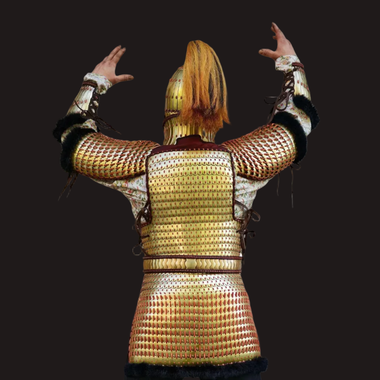 Ancient Steppe Style Golden Scale Lamellar Armor Set with Beast Face - Hand-Laced Luxury Metal Sculpture
