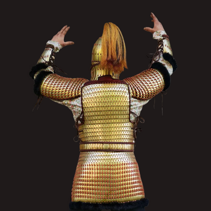 Ancient Steppe Style Golden Scale Lamellar Armor Set with Beast Face - Hand-Laced Luxury Metal Sculpture
