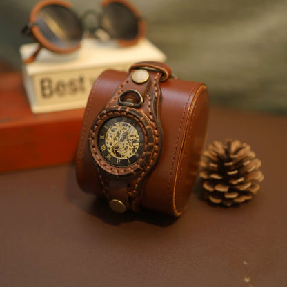 "Chronos Aegis" Handcrafted Leather Bracer Watch | Steampunk Pocket Watch Fusion