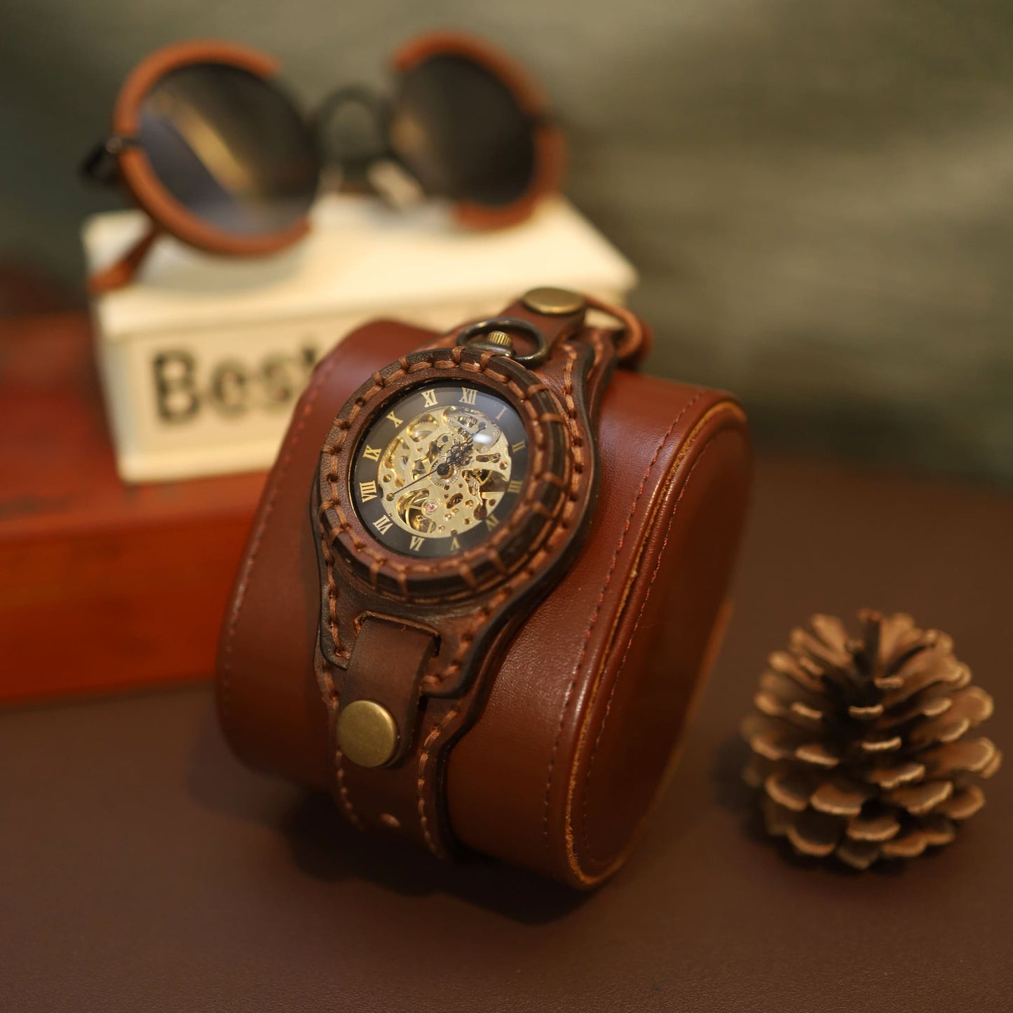 "Chronos Aegis" Handcrafted Leather Bracer Watch | Steampunk Pocket Watch Fusion