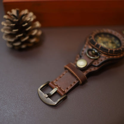 "Chronos Aegis" Handcrafted Leather Bracer Watch | Steampunk Pocket Watch Fusion