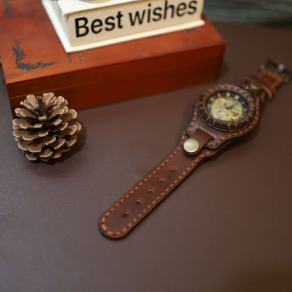 "Chronos Aegis" Handcrafted Leather Bracer Watch | Steampunk Pocket Watch Fusion