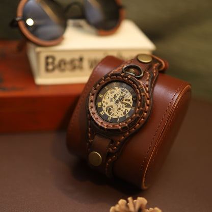 "Chronos Aegis" Handcrafted Leather Bracer Watch | Steampunk Pocket Watch Fusion
