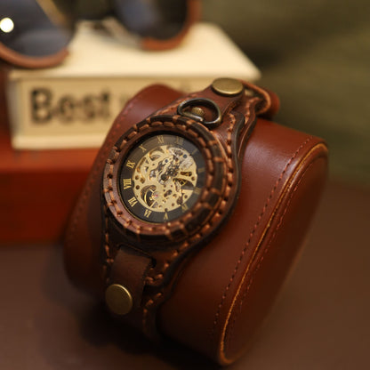 "Chronos Aegis" Handcrafted Leather Bracer Watch | Steampunk Pocket Watch Fusion
