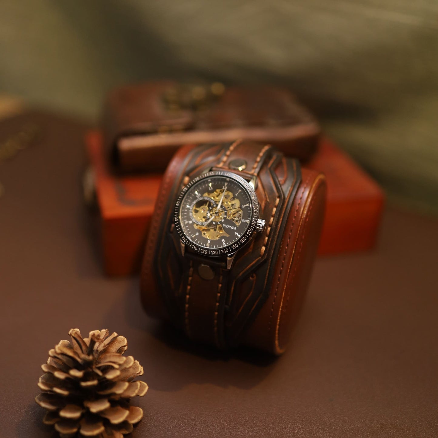 "Vulcan" Forged Mechanical Watch | Handcrafted Leather Bracer Cuff | Steampunk Armor