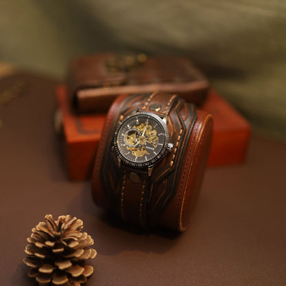 "Vulcan" Forged Mechanical Watch | Handcrafted Leather Bracer Cuff | Steampunk Armor