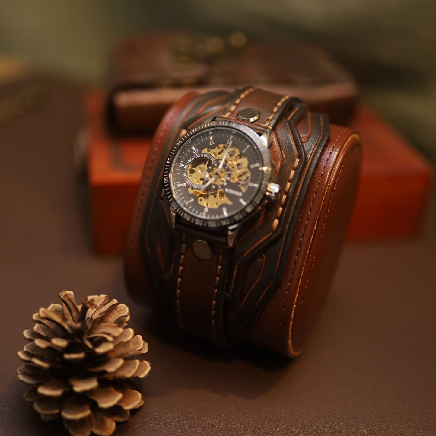 "Vulcan" Forged Mechanical Watch | Handcrafted Leather Bracer Cuff | Steampunk Armor