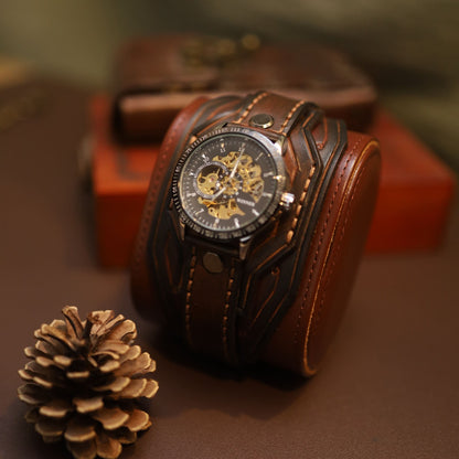 "Vulcan" Forged Mechanical Watch | Handcrafted Leather Bracer Cuff | Steampunk Armor