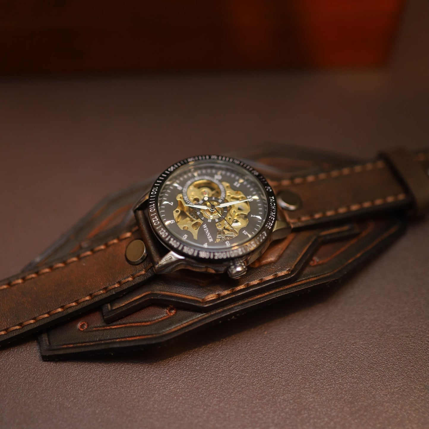 "Vulcan" Forged Mechanical Watch | Handcrafted Leather Bracer Cuff | Steampunk Armor