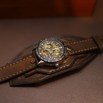 "Vulcan" Forged Mechanical Watch | Handcrafted Leather Bracer Cuff | Steampunk Armor