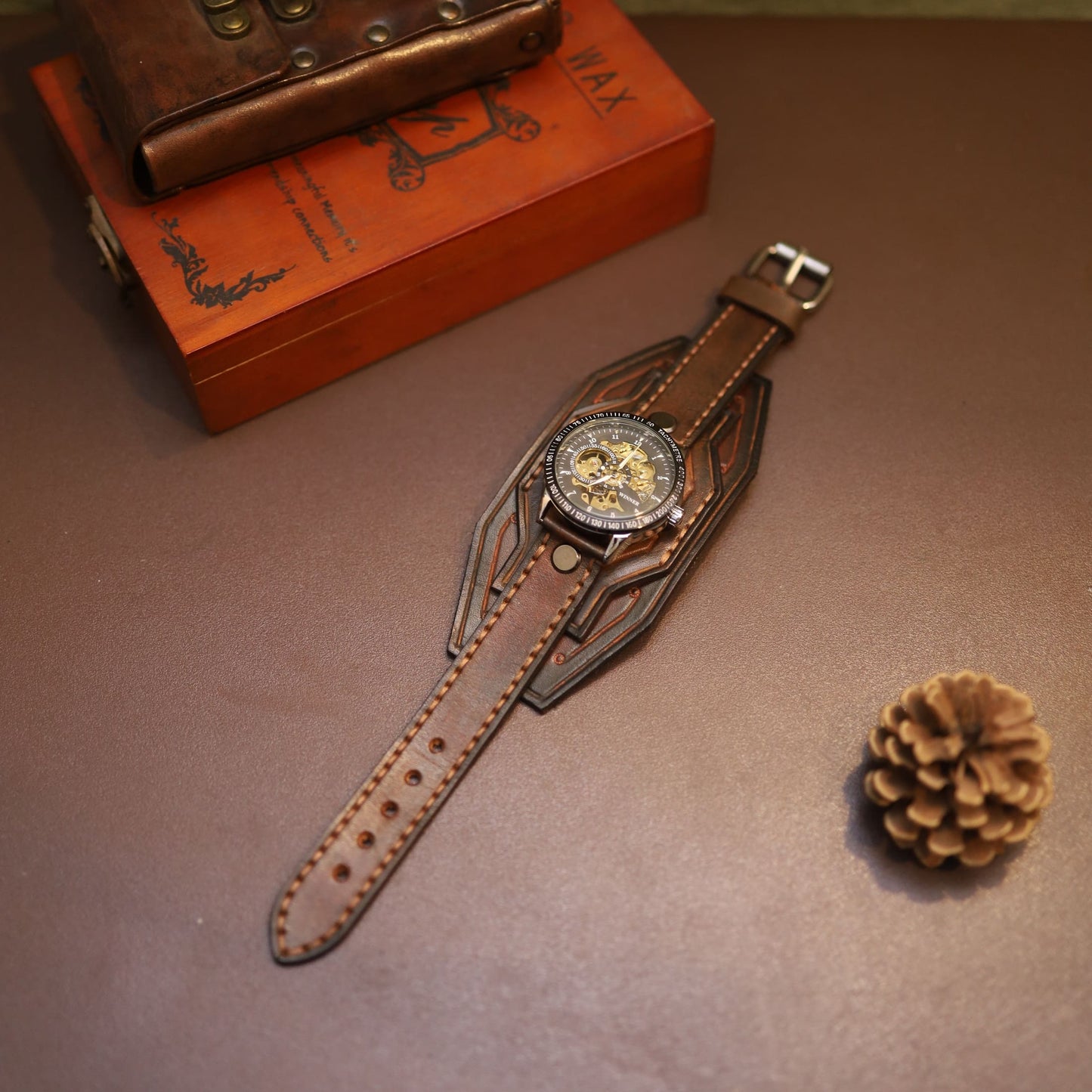 "Vulcan" Forged Mechanical Watch | Handcrafted Leather Bracer Cuff | Steampunk Armor