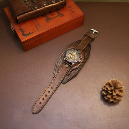 "Vulcan" Forged Mechanical Watch | Handcrafted Leather Bracer Cuff | Steampunk Armor