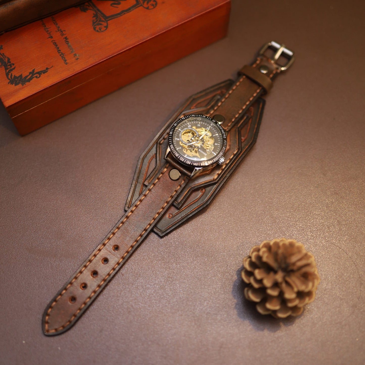 "Vulcan" Forged Mechanical Watch | Handcrafted Leather Bracer Cuff | Steampunk Armor