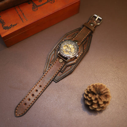 "Vulcan" Forged Mechanical Watch | Handcrafted Leather Bracer Cuff | Steampunk Armor