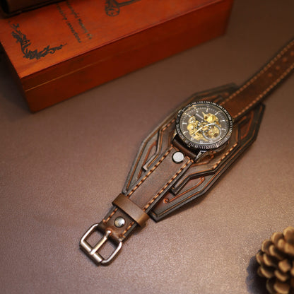 "Vulcan" Forged Mechanical Watch | Handcrafted Leather Bracer Cuff | Steampunk Armor