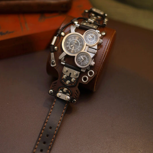 Wasteland Explorer Handcrafted Leather Cuff Watch | Post-Apocalyptic Men's Bracer Timepiece