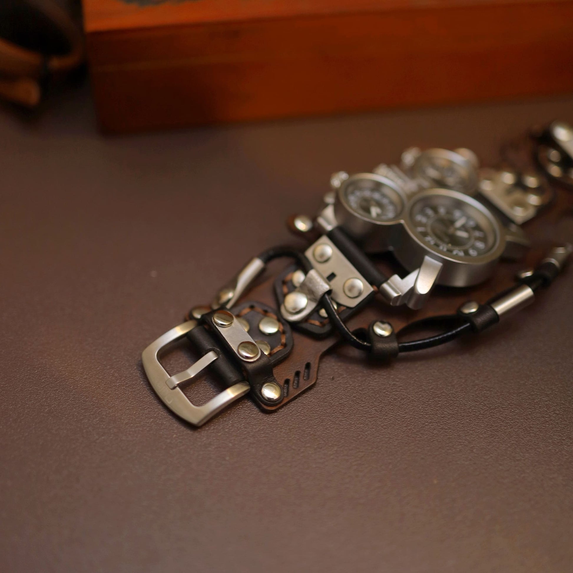 Wasteland Explorer Handcrafted Leather Cuff Watch | Post-Apocalyptic Men's Bracer Timepiece