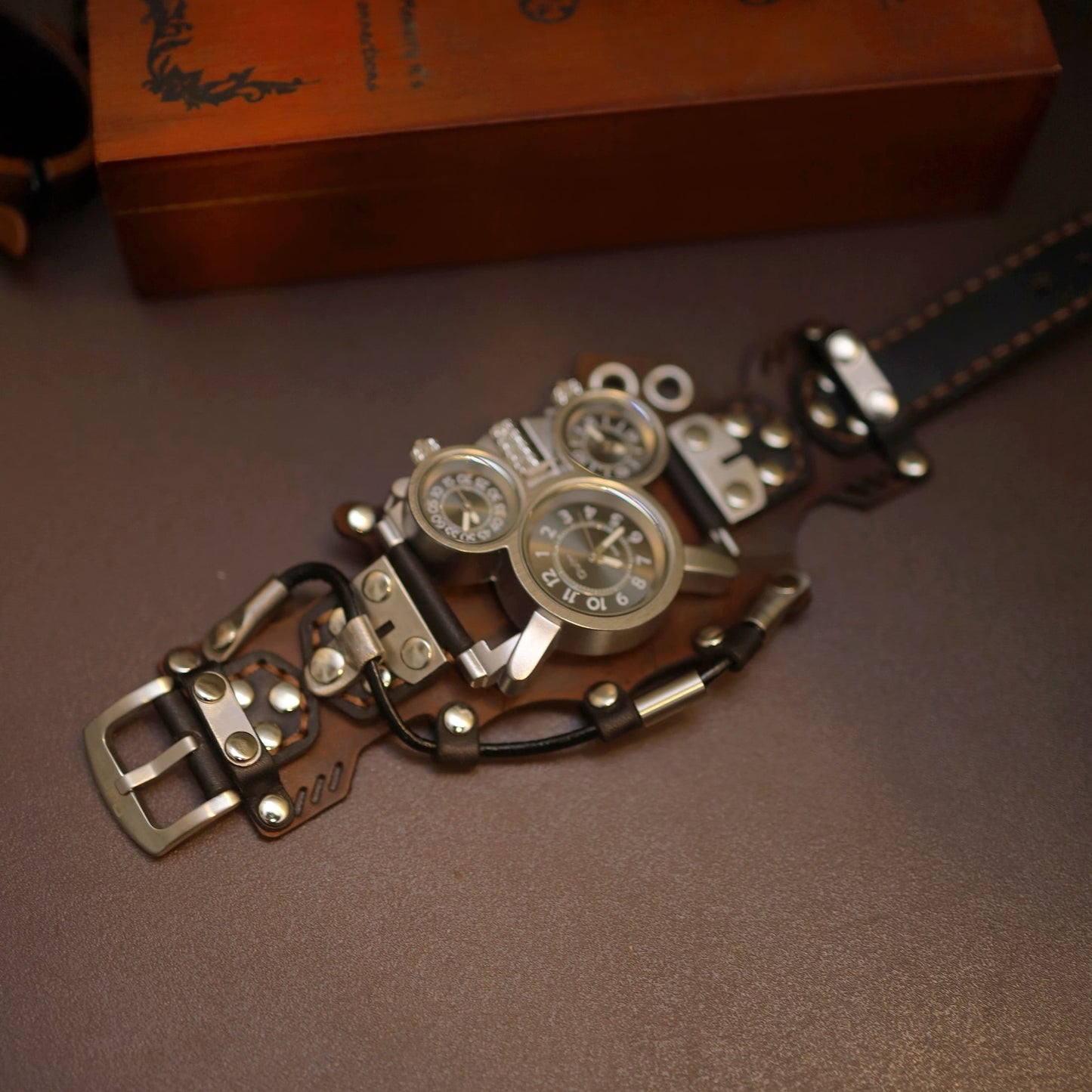 Wasteland Explorer Handcrafted Leather Cuff Watch | Post-Apocalyptic Men's Bracer Timepiece