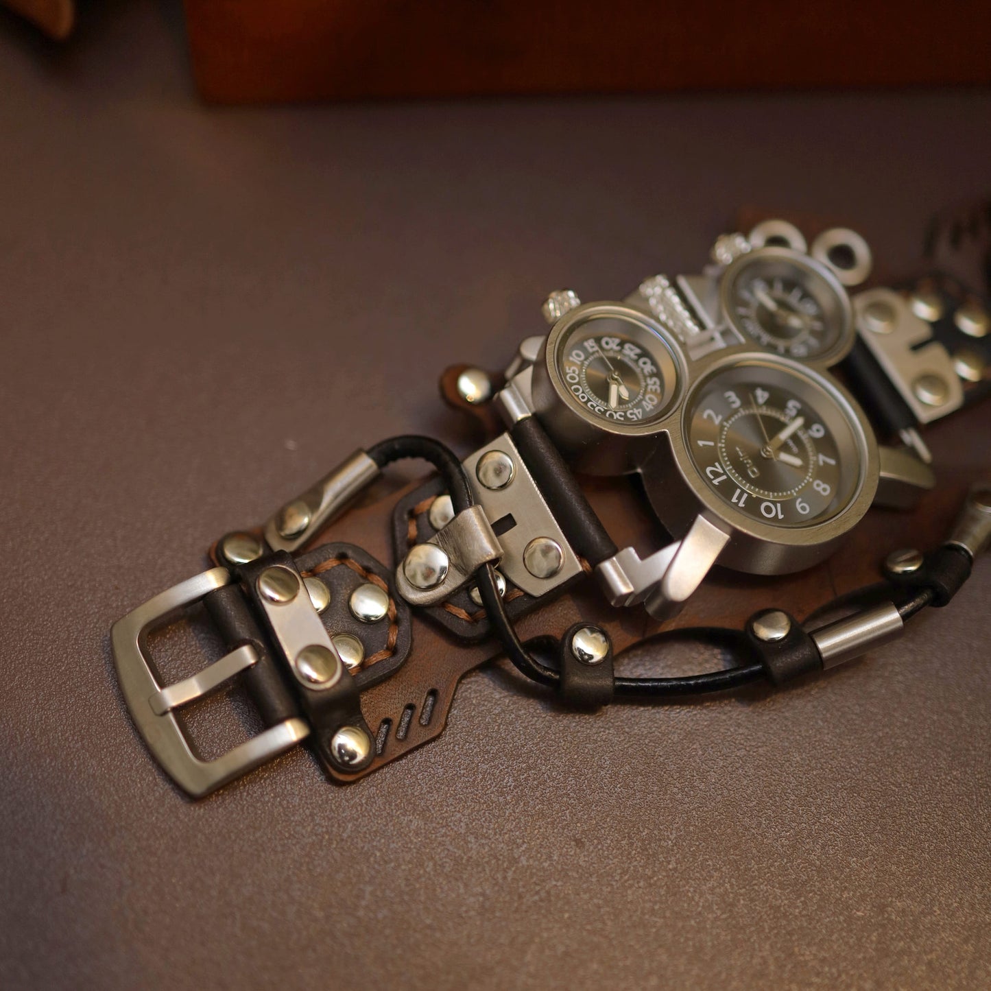 Wasteland Explorer Handcrafted Leather Cuff Watch | Post-Apocalyptic Men's Bracer Timepiece