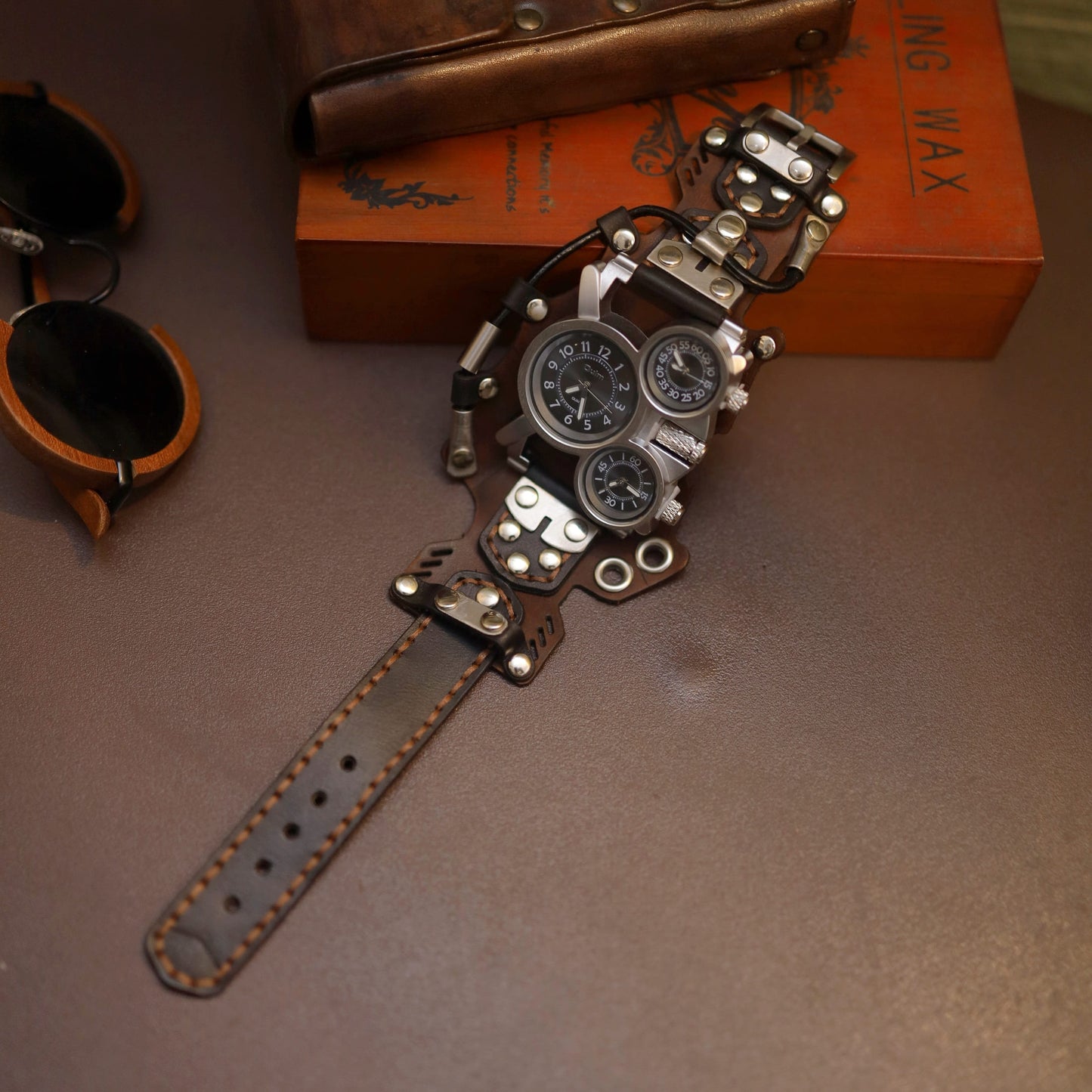 Wasteland Explorer Handcrafted Leather Cuff Watch | Post-Apocalyptic Men's Bracer Timepiece