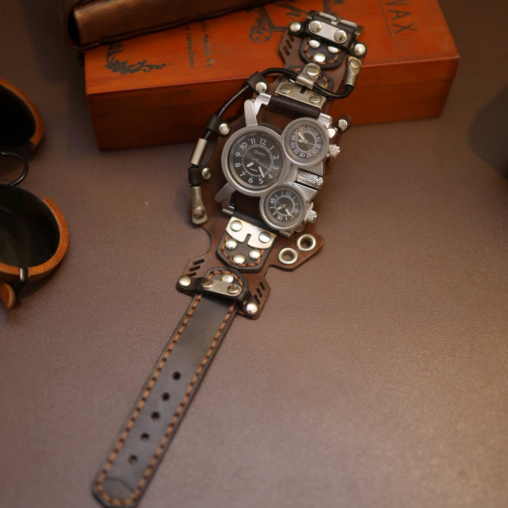 Wasteland Explorer Handcrafted Leather Cuff Watch | Post-Apocalyptic Men's Bracer Timepiece