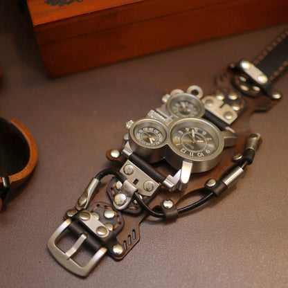Wasteland Explorer Handcrafted Leather Cuff Watch | Post-Apocalyptic Men's Bracer Timepiece