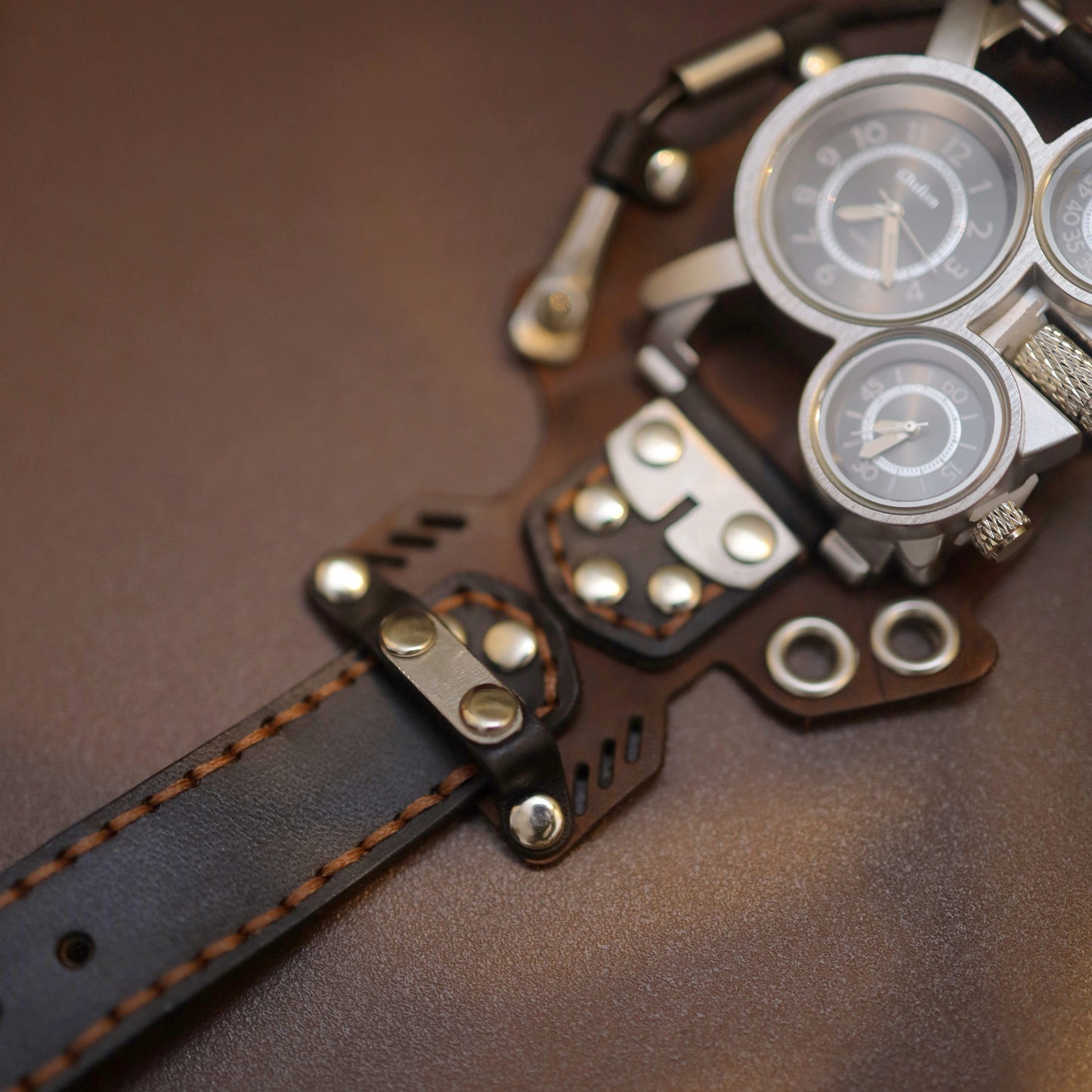 Wasteland Explorer Handcrafted Leather Cuff Watch | Post-Apocalyptic Men's Bracer Timepiece
