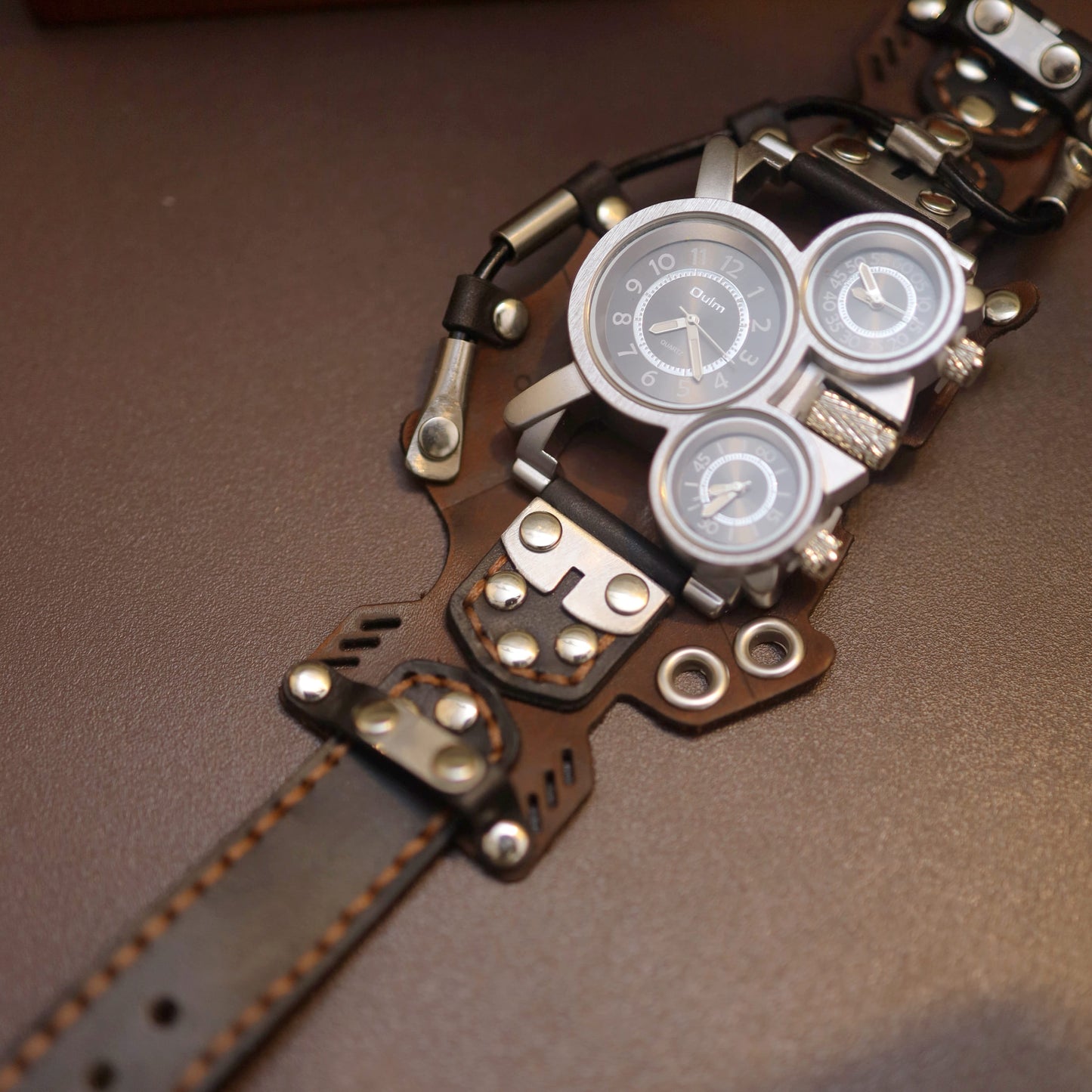 Wasteland Explorer Handcrafted Leather Cuff Watch | Post-Apocalyptic Men's Bracer Timepiece